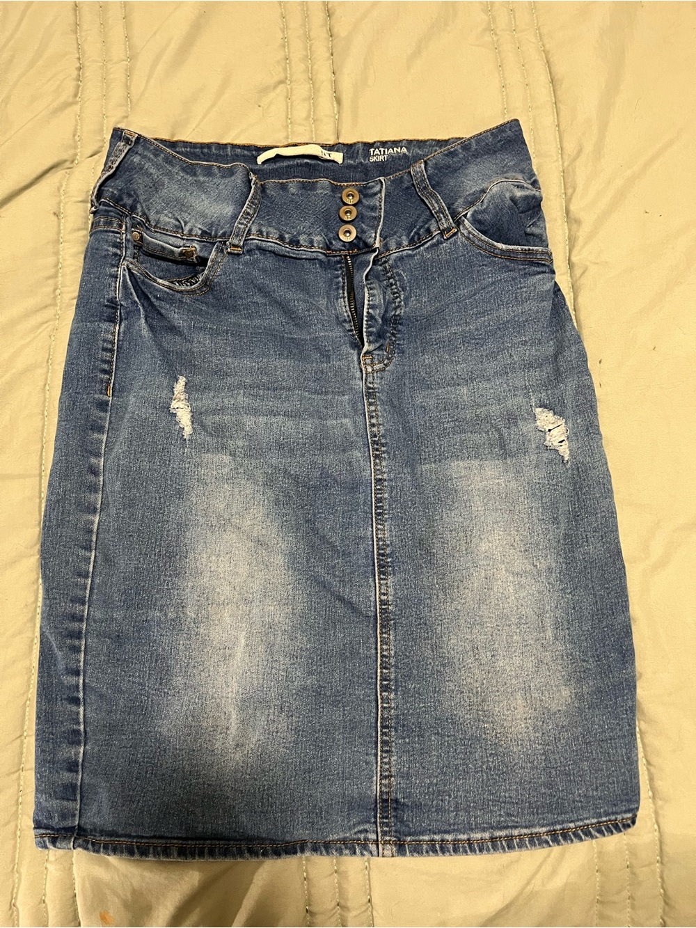 Blue Distressed Denim Pencil Skirt